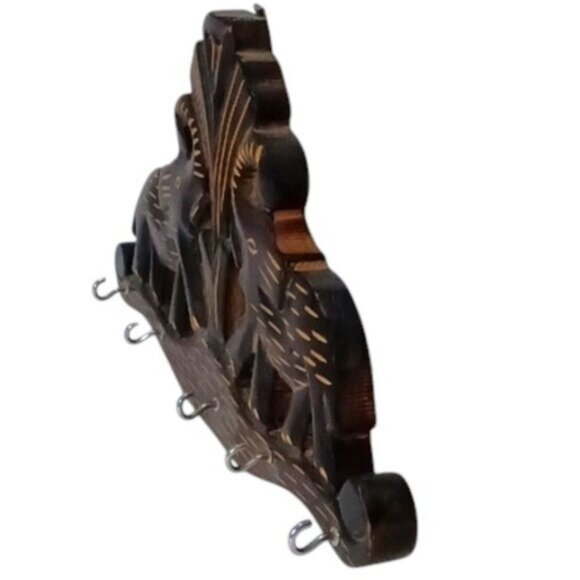 Vintage Hand Carved Two Wooden Elephants w/Tree 5 Key Hanger Made in India - Picture 4 of 4